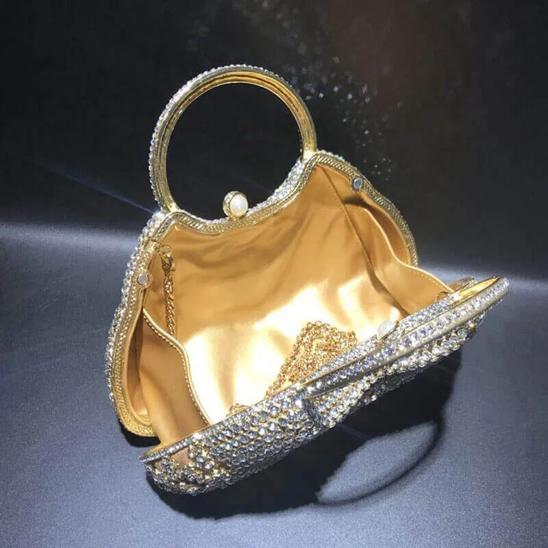 Dazzling Rhinestone Hollow Out Crystal Pearl Beaded Top Handle Clutch