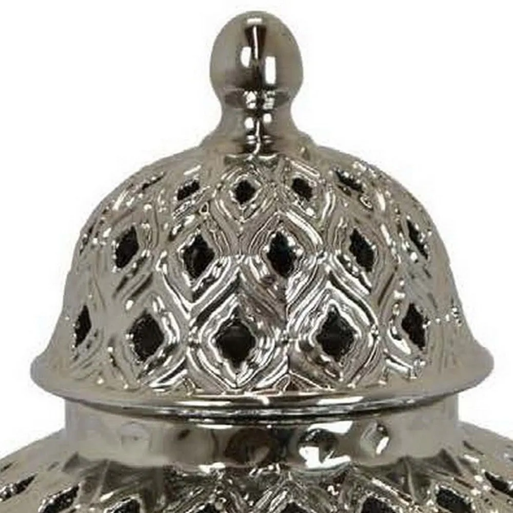 Deni 18 Inch Temple Jar, Pierced, Carved Lattice Design, Lid, Silver By Casagear Home