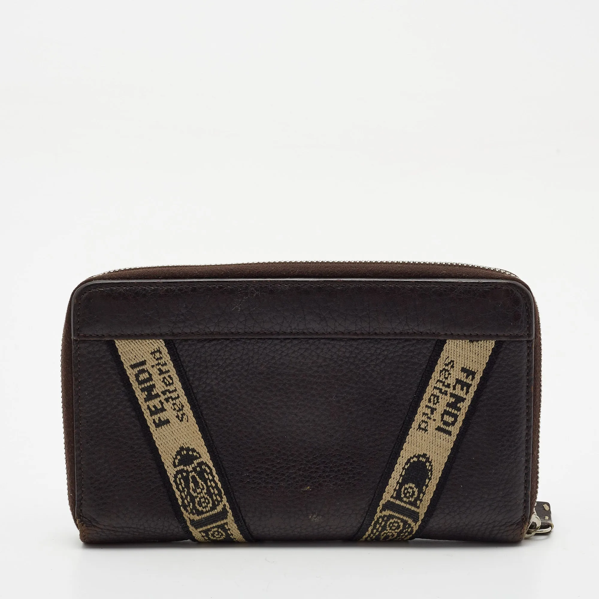 Fendi Black Sellieria Leather Logo Zip Around Continental Wallet