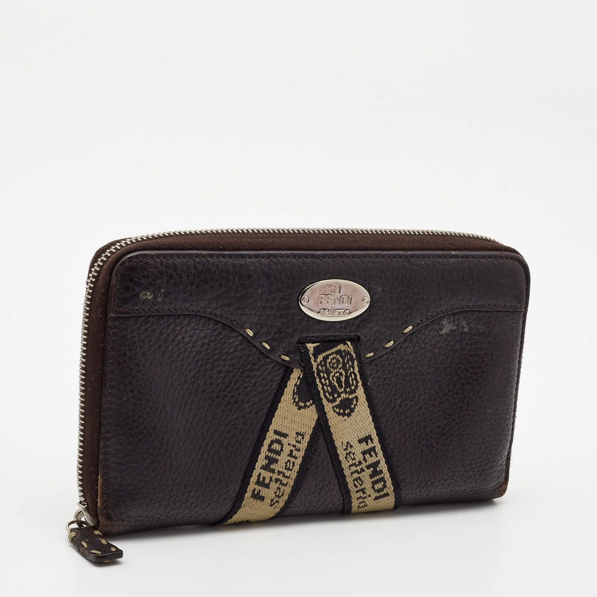 Fendi Black Sellieria Leather Logo Zip Around Continental Wallet