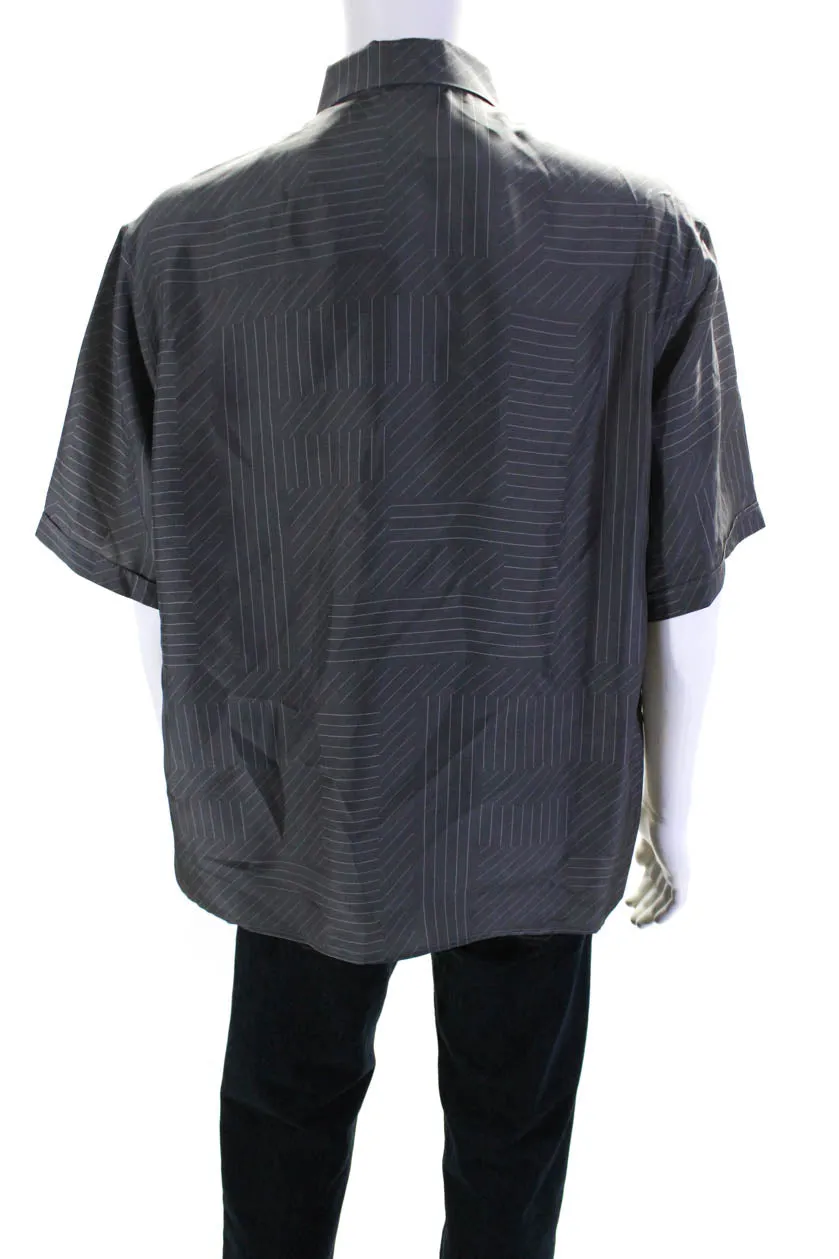 Fendi Mens Silk FF Shadow Pinstripe Short Sleeve Button Up Shirt Gray
