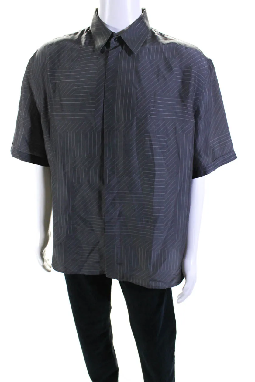Fendi Mens Silk FF Shadow Pinstripe Short Sleeve Button Up Shirt Gray