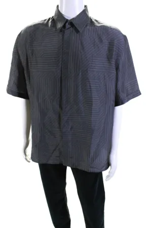 Fendi Mens Silk FF Shadow Pinstripe Short Sleeve Button Up Shirt Gray