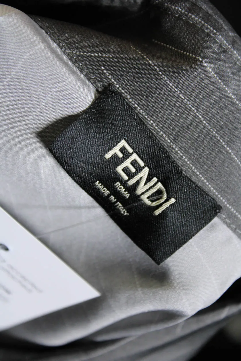 Fendi Mens Silk FF Shadow Pinstripe Short Sleeve Button Up Shirt Gray