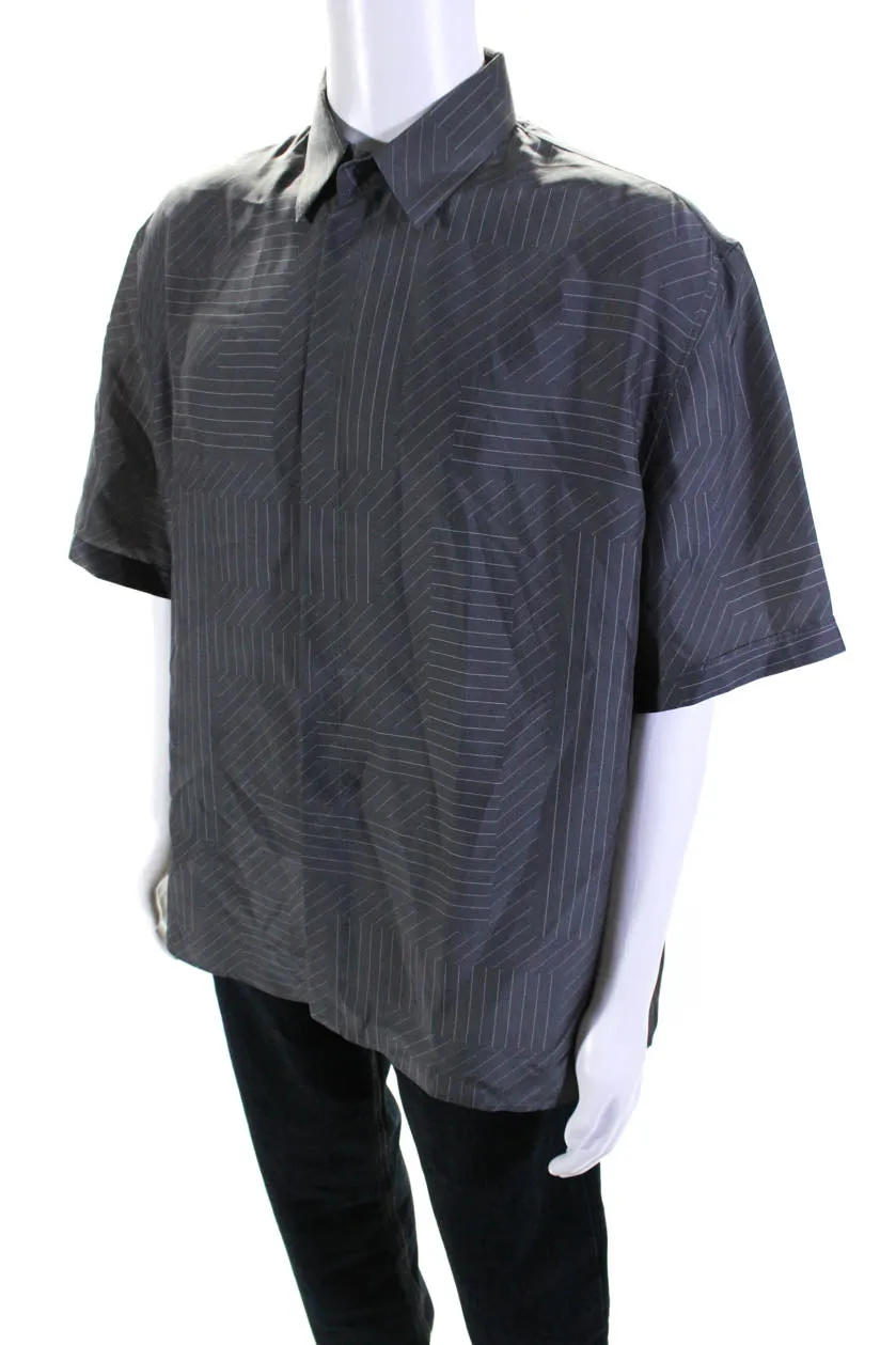 Fendi Mens Silk FF Shadow Pinstripe Short Sleeve Button Up Shirt Gray