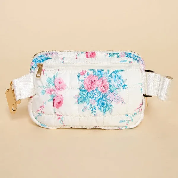Floral White Puffer Belt Bag