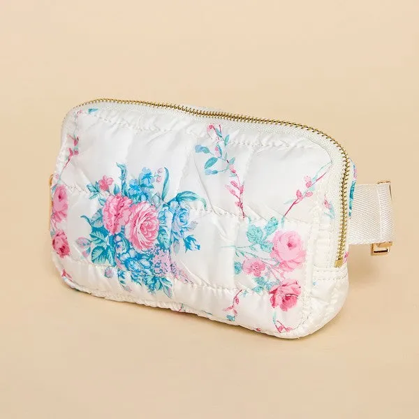 Floral White Puffer Belt Bag
