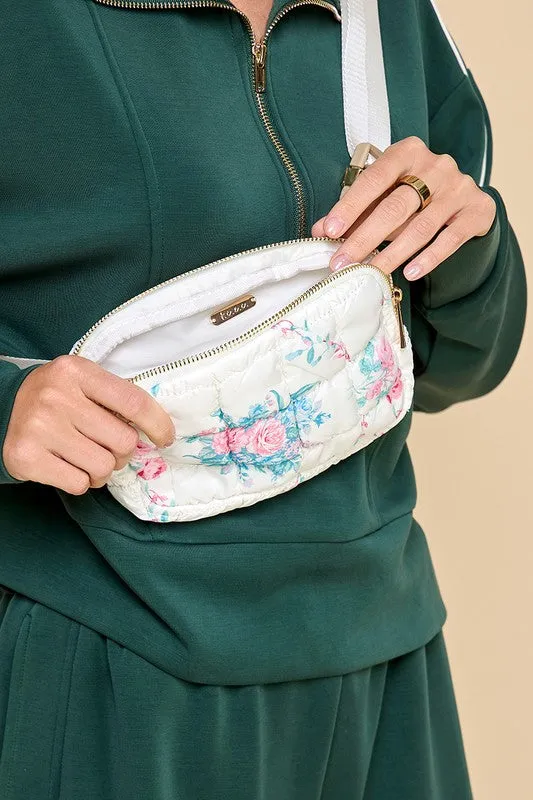 Floral White Puffer Belt Bag