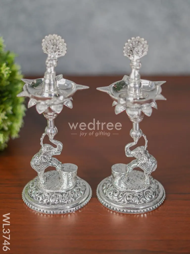 German Silver Peacock with Elephant 5 Face Diya - Set of 2 - WL3746