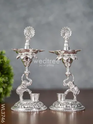 German Silver Peacock with Elephant 5 Face Diya - Set of 2 - WL3746