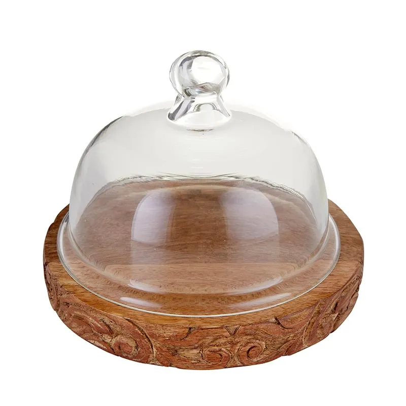 Glass Cloche With Floral Carved Wood Base