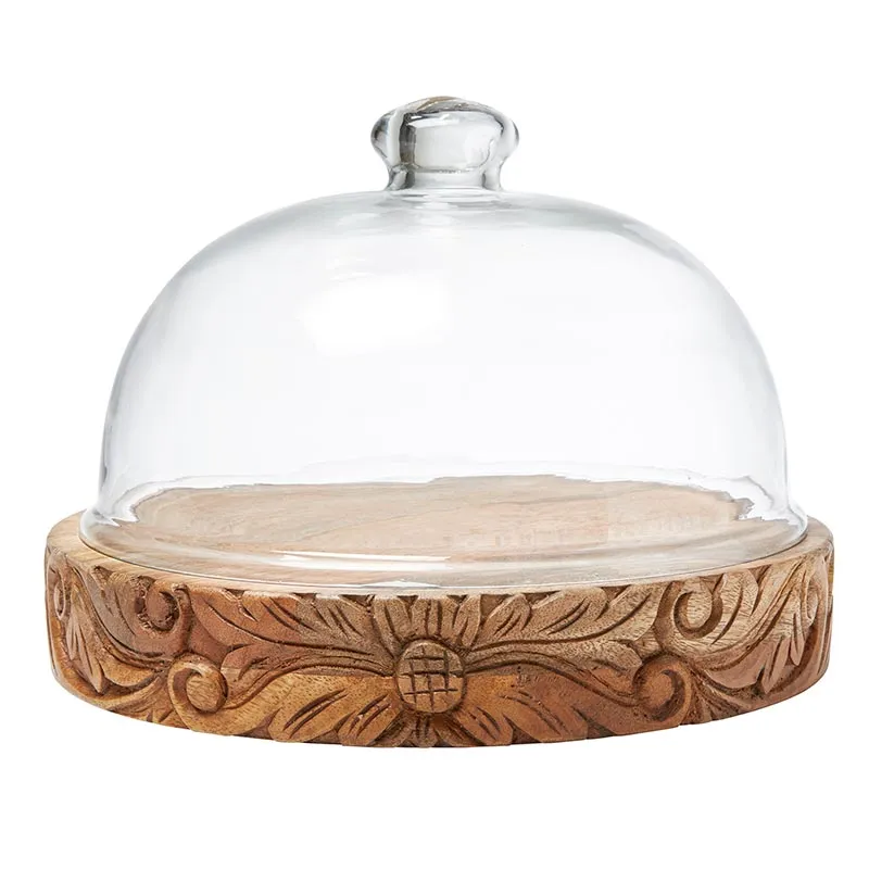 Glass Cloche With Floral Carved Wood Base