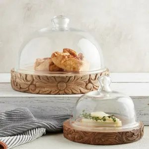 Glass Cloche With Floral Carved Wood Base