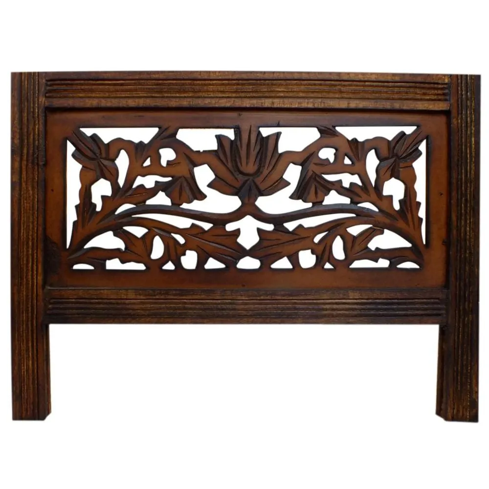 Handcrafted Wooden 4 Panel Room Divider Screen Featuring Lotus Pattern-Reversible-Brown