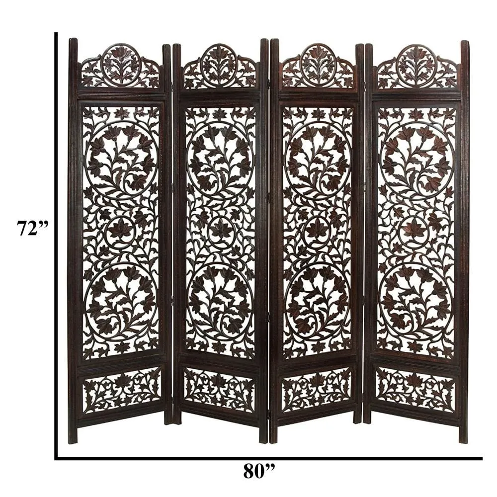 Handcrafted Wooden 4 Panel Room Divider Screen Featuring Lotus Pattern-Reversible-Brown