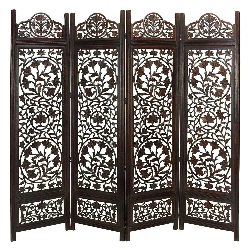 Handcrafted Wooden 4 Panel Room Divider Screen Featuring Lotus Pattern-Reversible-Brown
