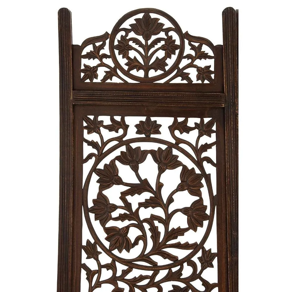 Handcrafted Wooden 4 Panel Room Divider Screen Featuring Lotus Pattern-Reversible-Brown