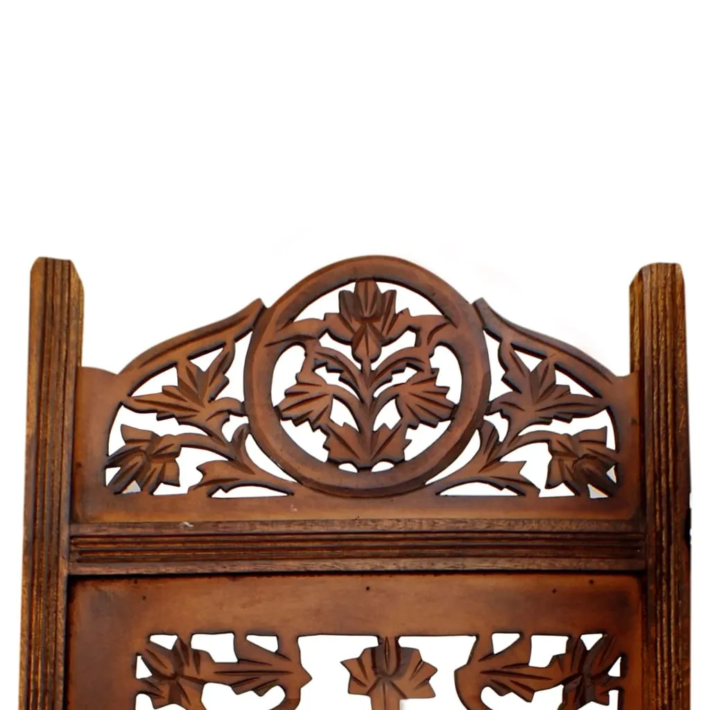 Handcrafted Wooden 4 Panel Room Divider Screen Featuring Lotus Pattern-Reversible-Brown