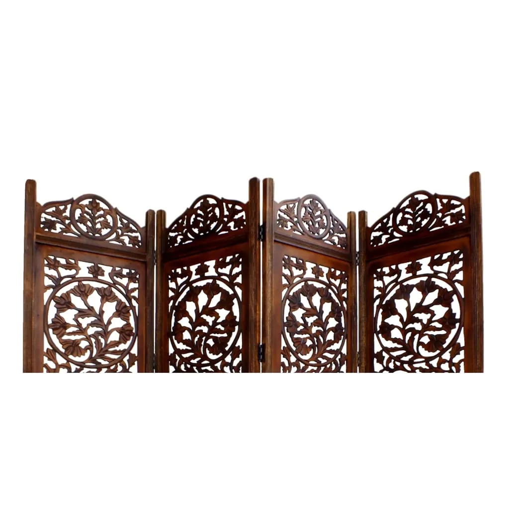 Handcrafted Wooden 4 Panel Room Divider Screen Featuring Lotus Pattern-Reversible-Brown