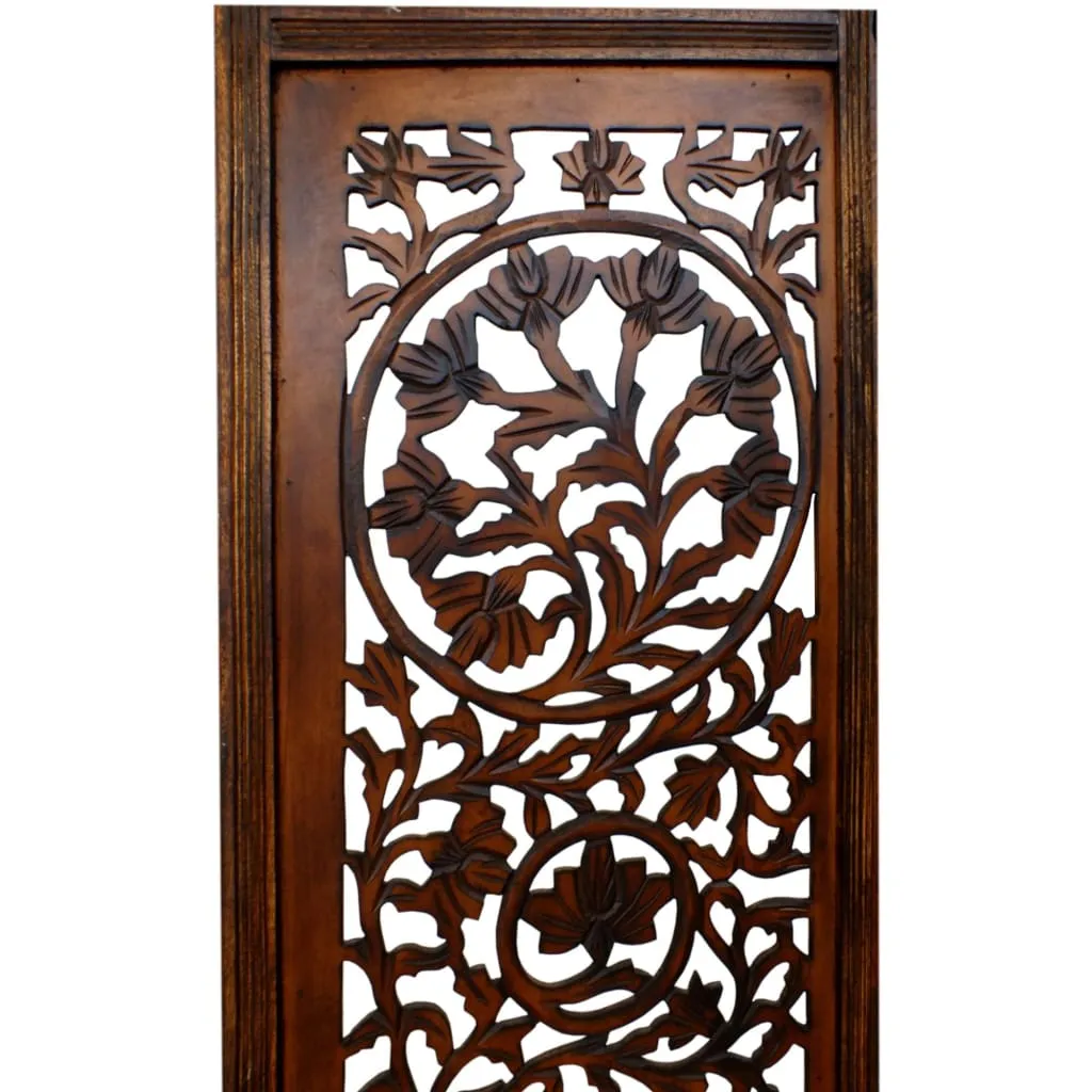 Handcrafted Wooden 4 Panel Room Divider Screen Featuring Lotus Pattern-Reversible-Brown
