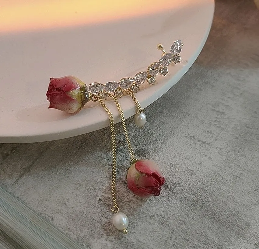 Immortal Angel Rose Flower Rhinestone Gem Beads Earrings