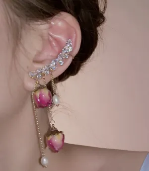 Immortal Angel Rose Flower Rhinestone Gem Beads Earrings