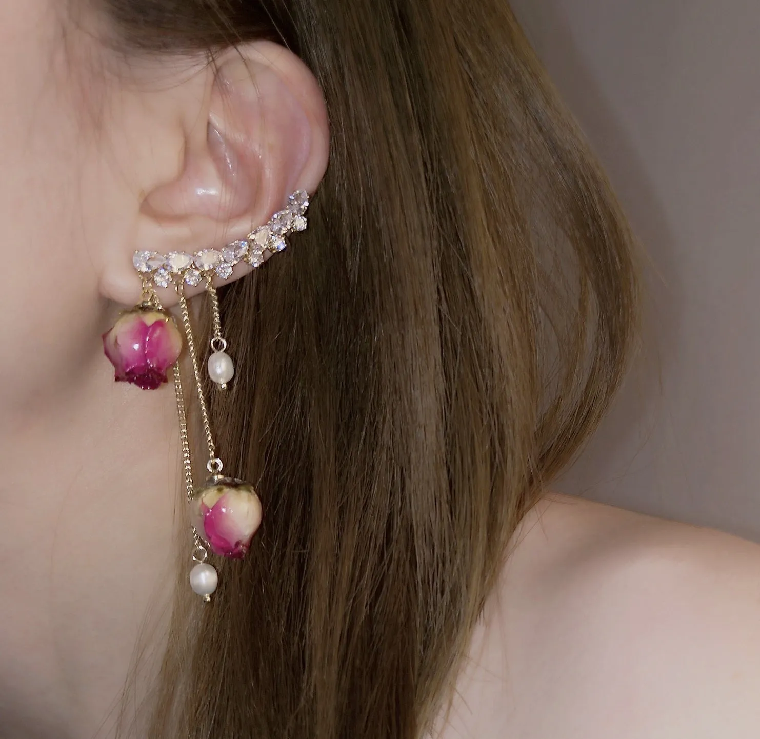 Immortal Angel Rose Flower Rhinestone Gem Beads Earrings