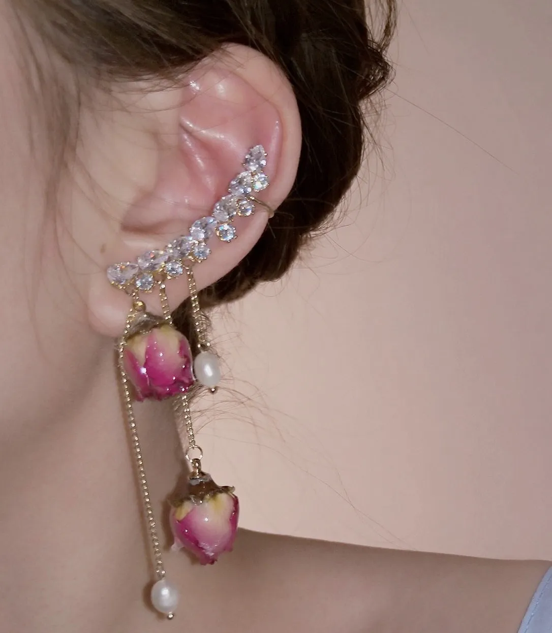 Immortal Angel Rose Flower Rhinestone Gem Beads Earrings
