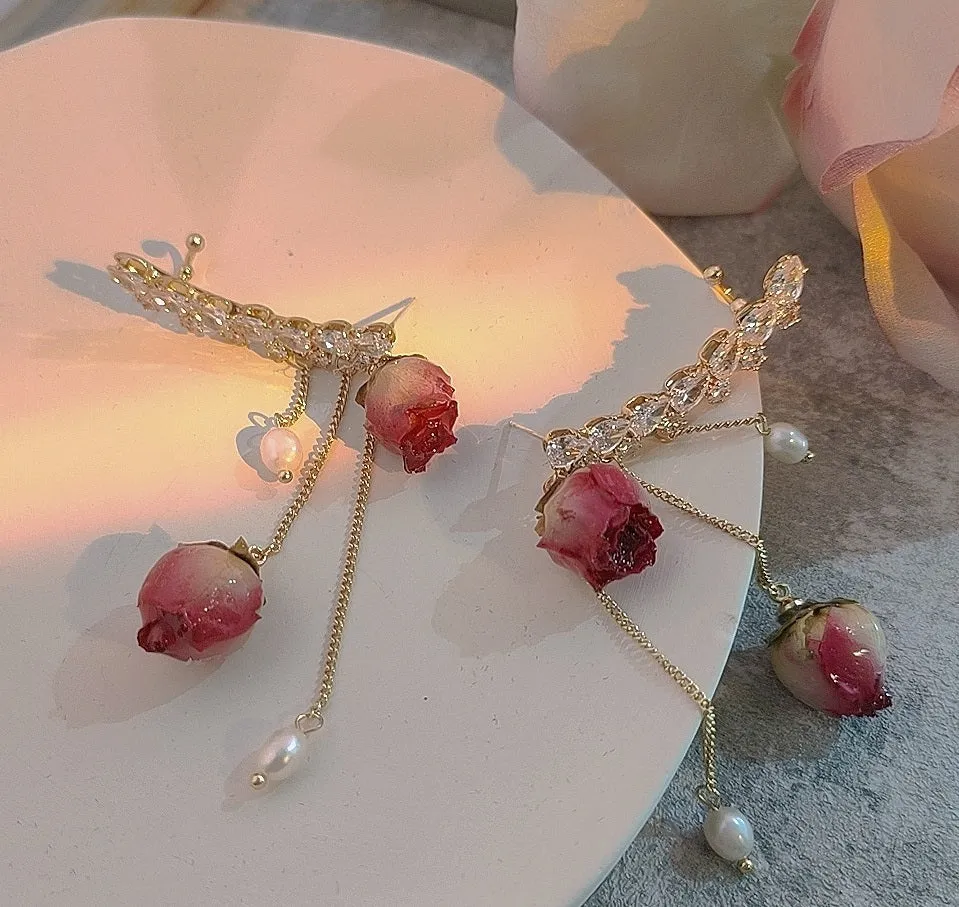 Immortal Angel Rose Flower Rhinestone Gem Beads Earrings