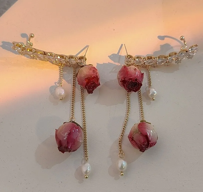 Immortal Angel Rose Flower Rhinestone Gem Beads Earrings