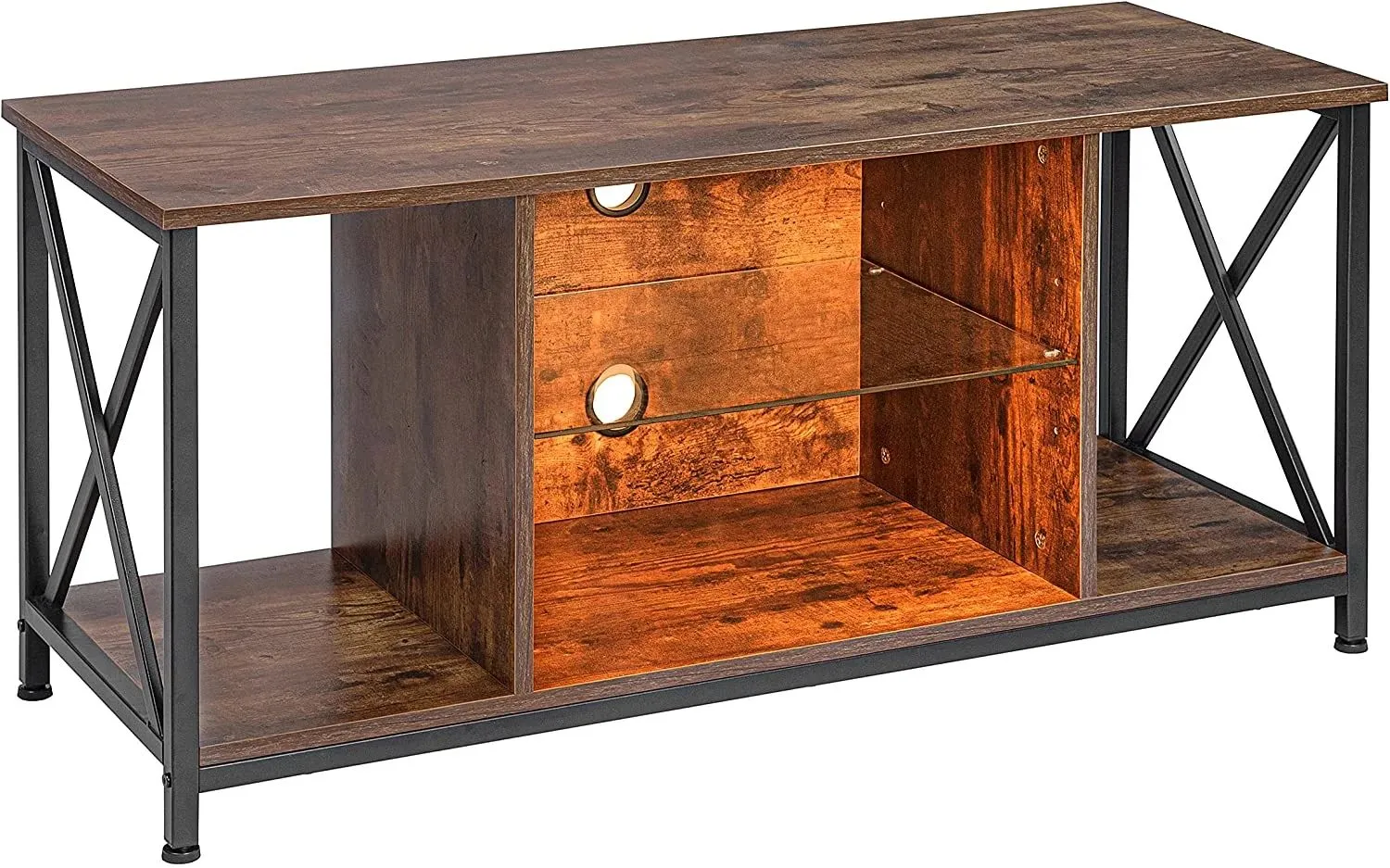 Industrial Entertainment Center with Open Storage for Living Room, Rustic Brown