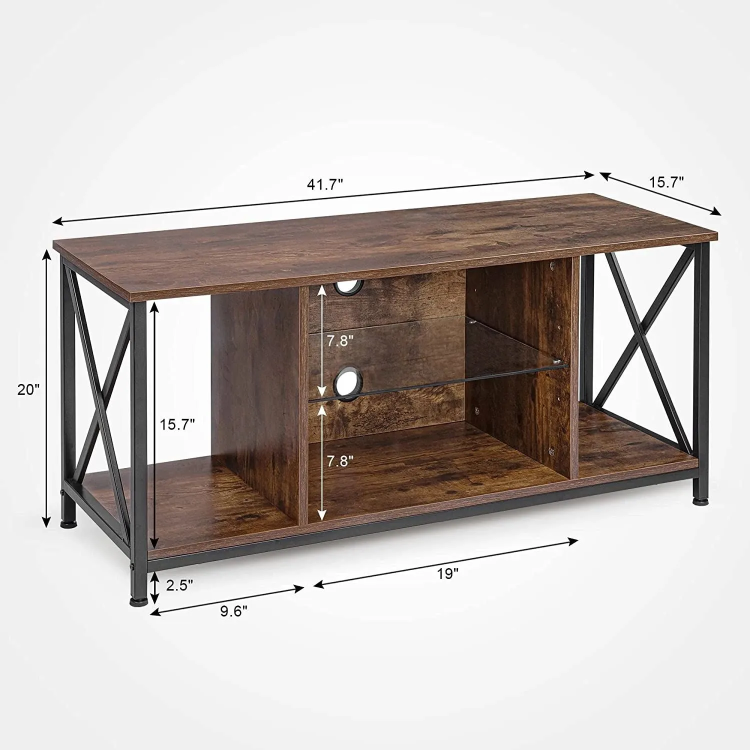 Industrial Entertainment Center with Open Storage for Living Room, Rustic Brown