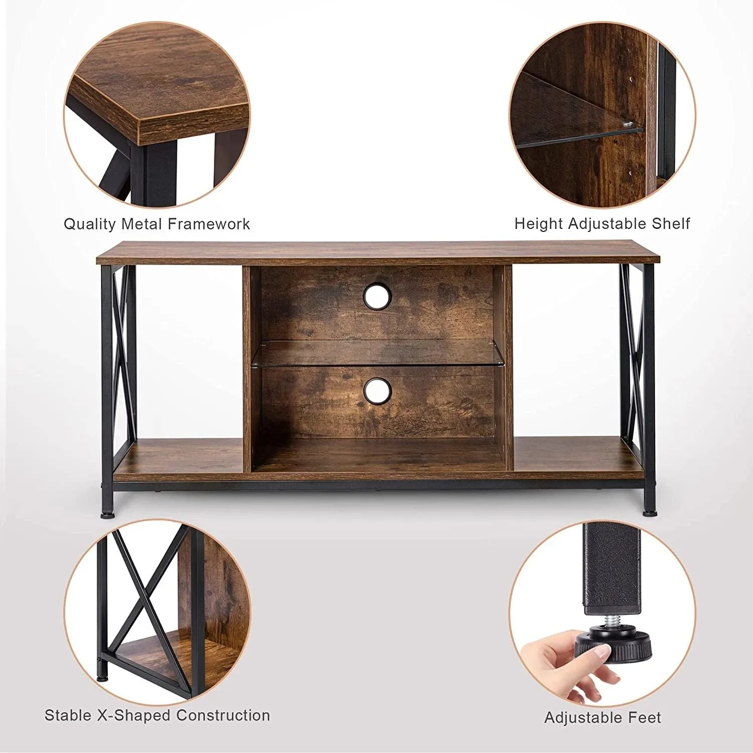Industrial Entertainment Center with Open Storage for Living Room, Rustic Brown
