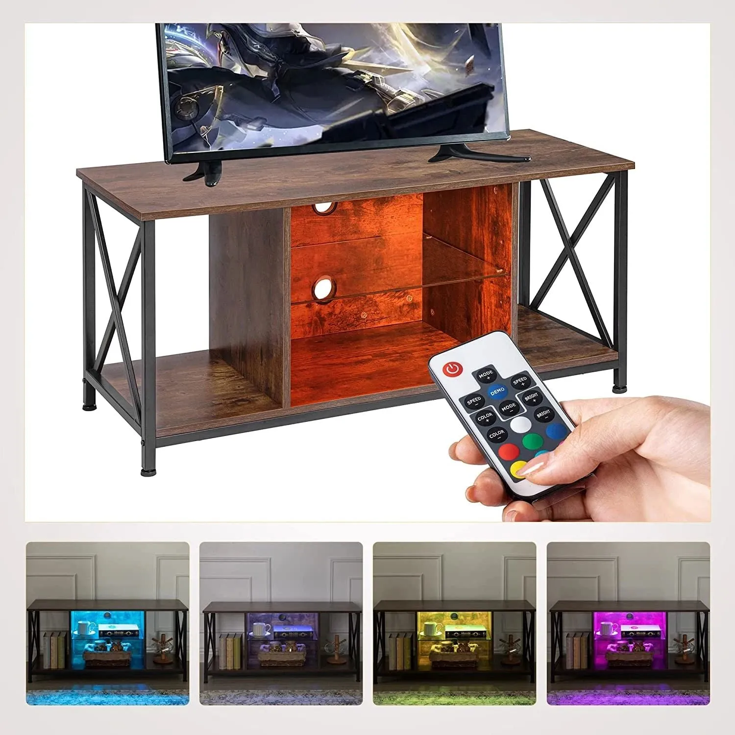 Industrial Entertainment Center with Open Storage for Living Room, Rustic Brown