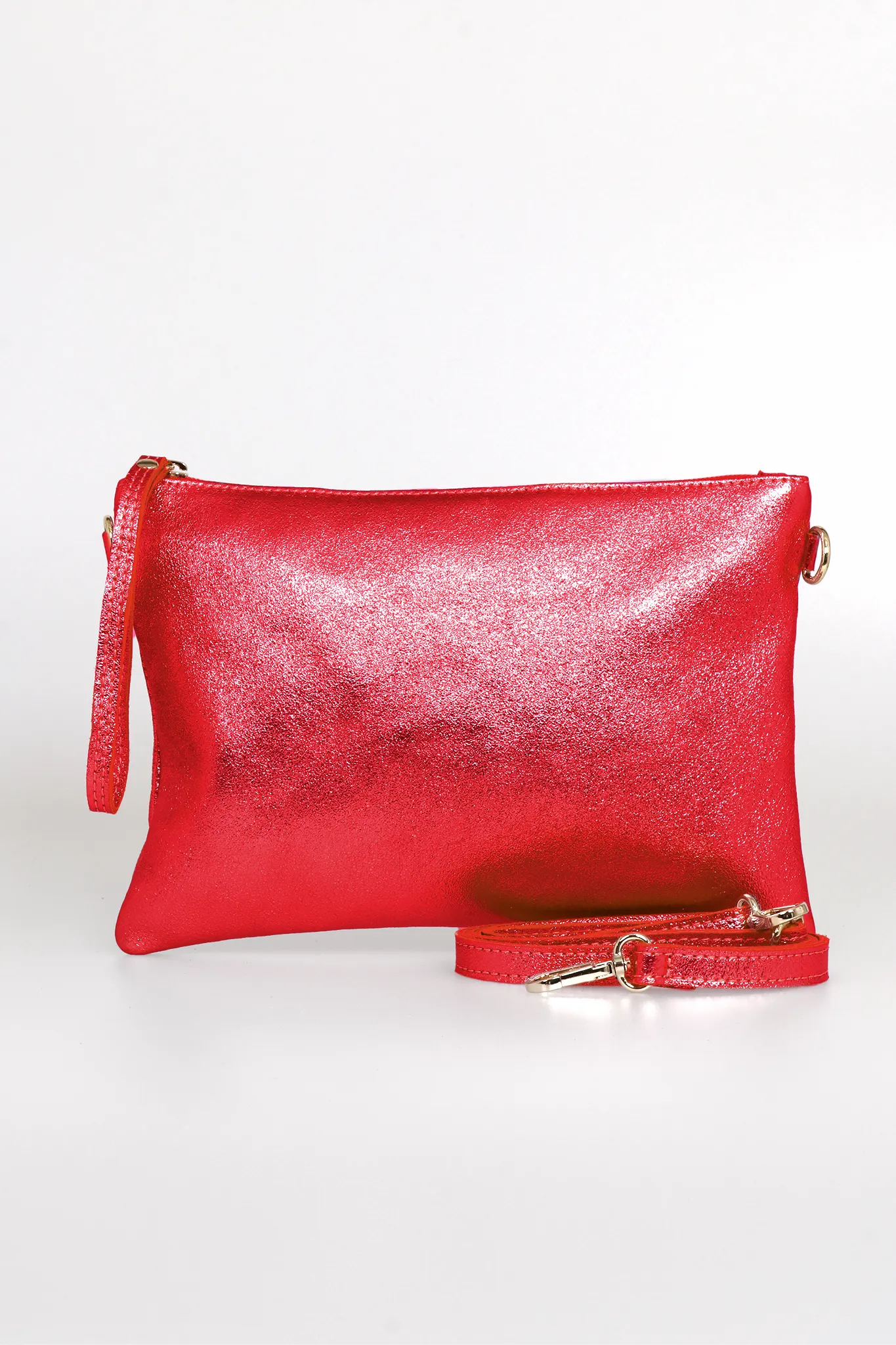 Jenna - Italian Leather Clutch Bag - Scarlet, Metallic
