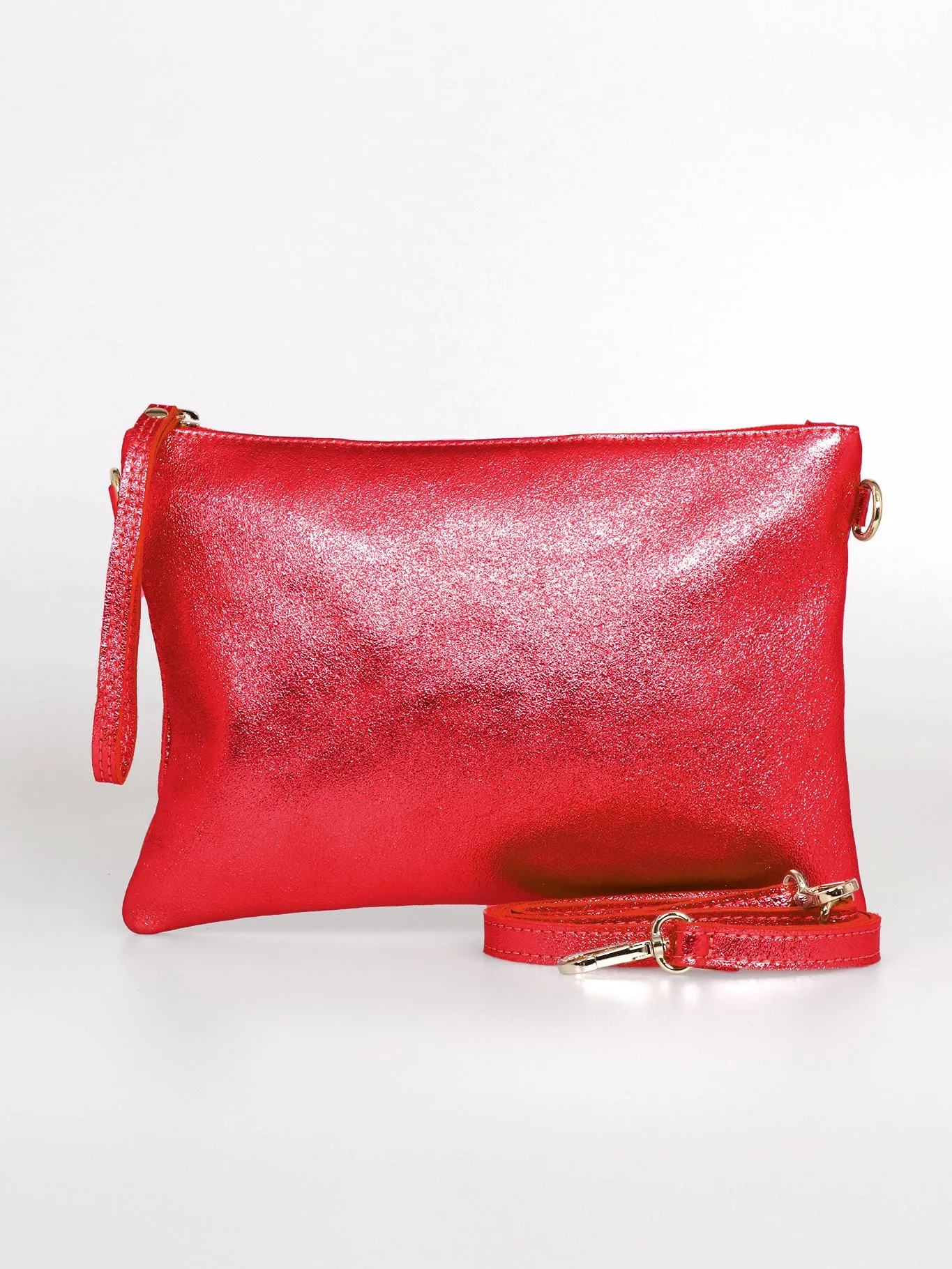 Jenna - Italian Leather Clutch Bag - Scarlet, Metallic