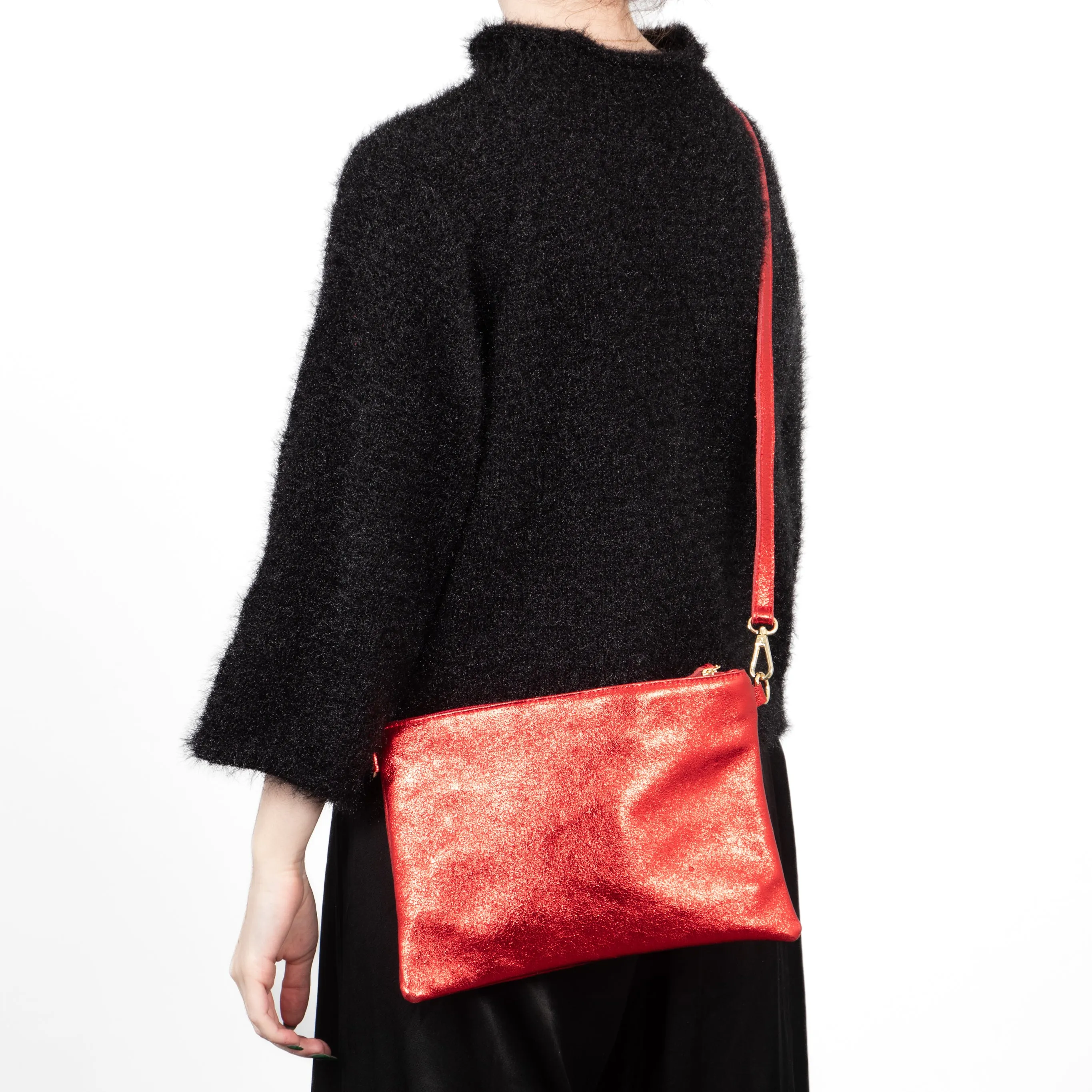 Jenna - Italian Leather Clutch Bag - Scarlet, Metallic