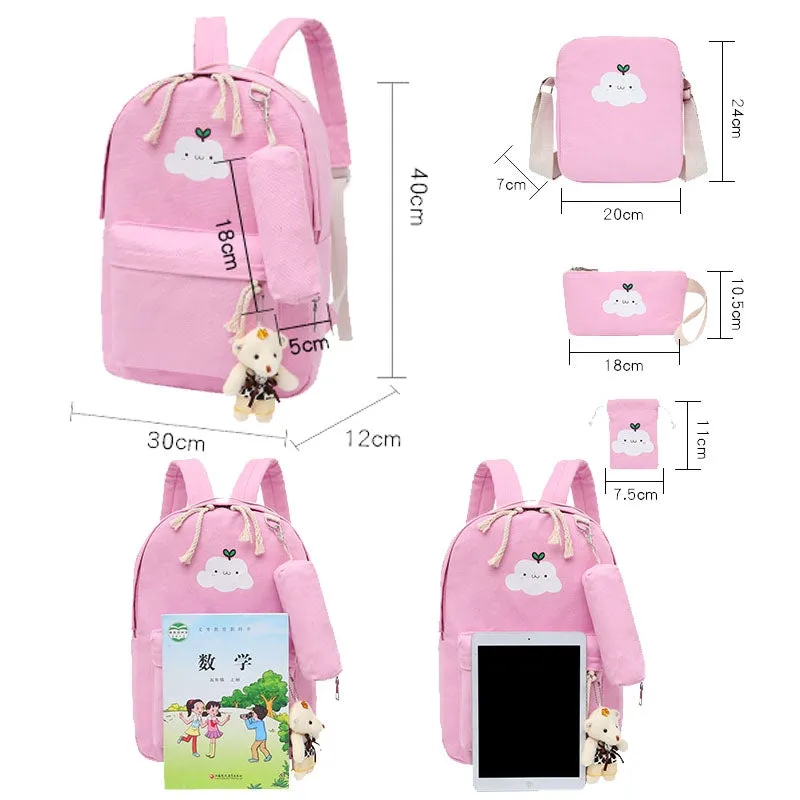 Kids Backpack With Lunch Box School Backpacks - Pink Grey Book Bags For Boys Girls Canvas Cute Kitty Backpack Set 4pcs Including Shoulder Backpack Handbag And Storage Bag