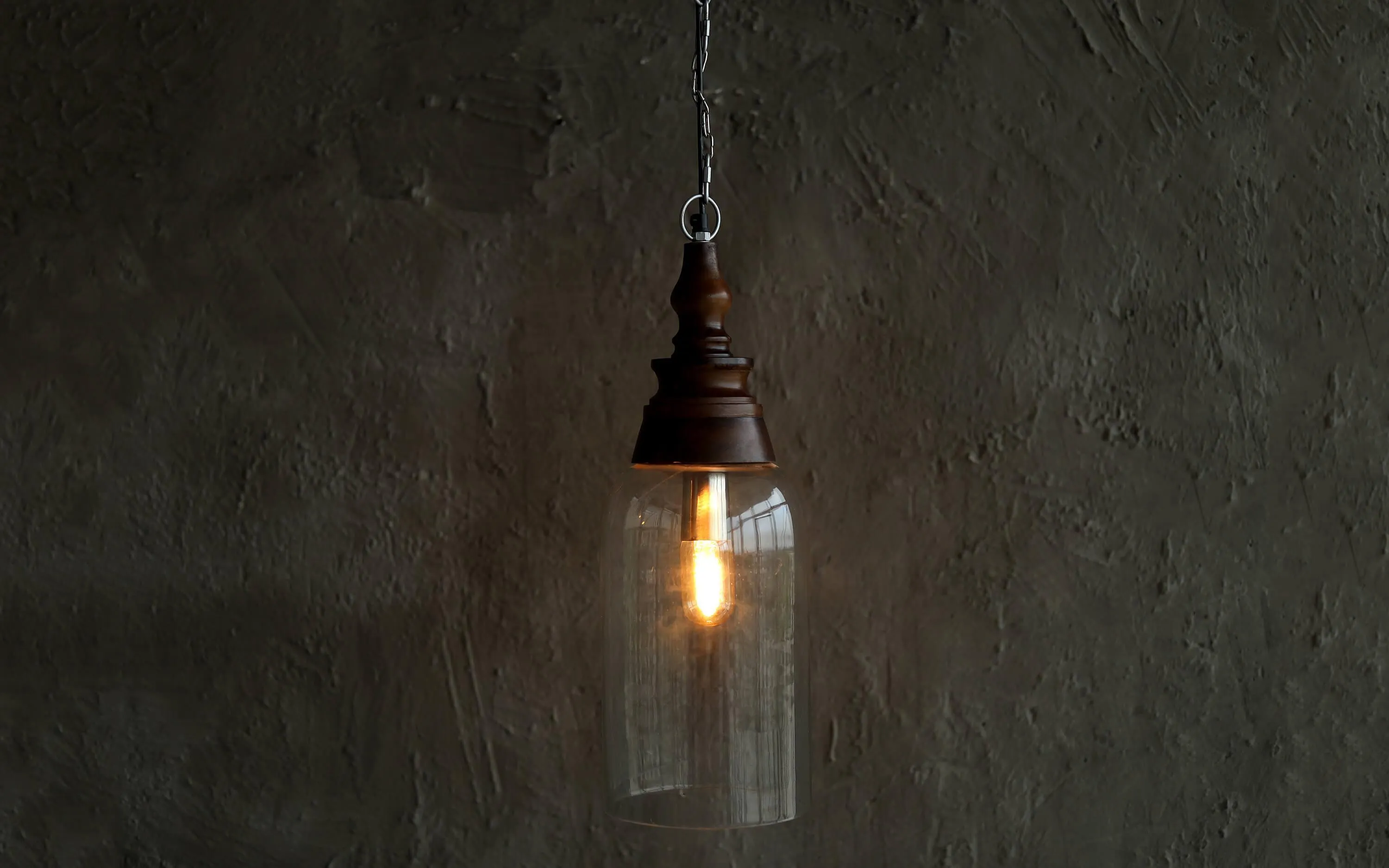 Kunshu Tall Glass & Walnut Finish Wood Hanging Lamp Light For Living Room Or Balcony
