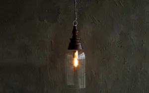 Kunshu Tall Glass & Walnut Finish Wood Hanging Lamp Light For Living Room Or Balcony