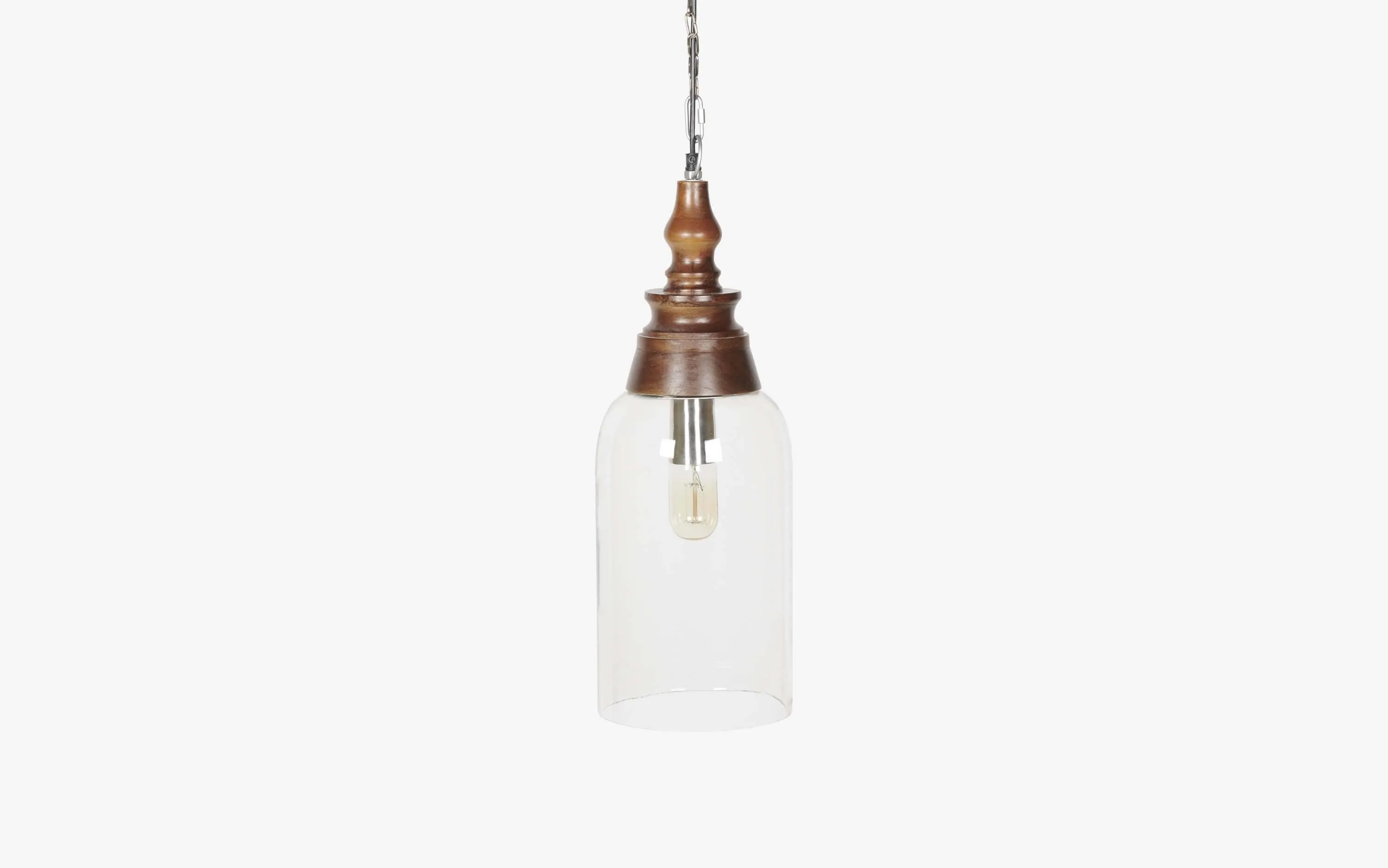 Kunshu Tall Glass & Walnut Finish Wood Hanging Lamp Light For Living Room Or Balcony
