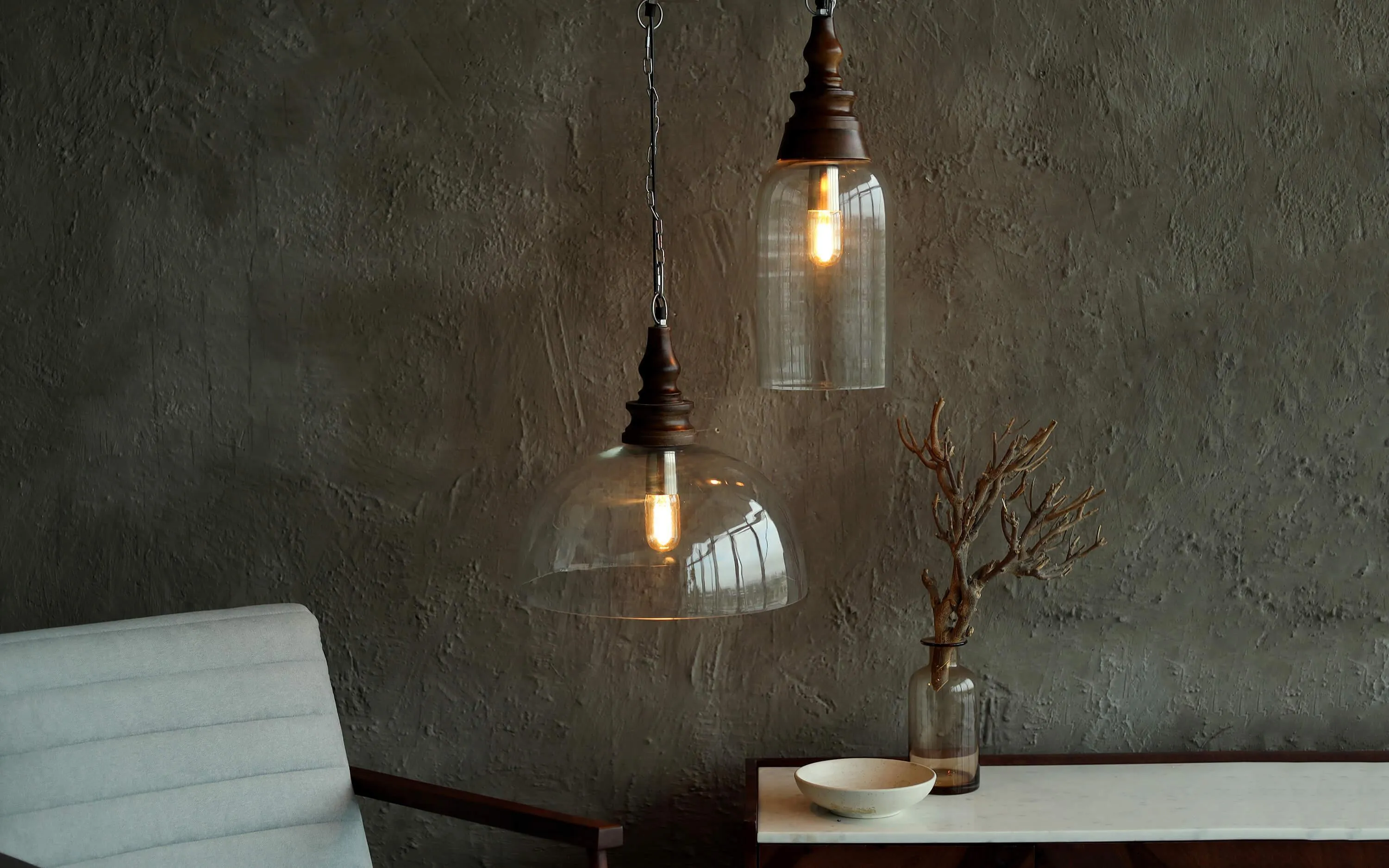 Kunshu Tall Glass & Walnut Finish Wood Hanging Lamp Light For Living Room Or Balcony