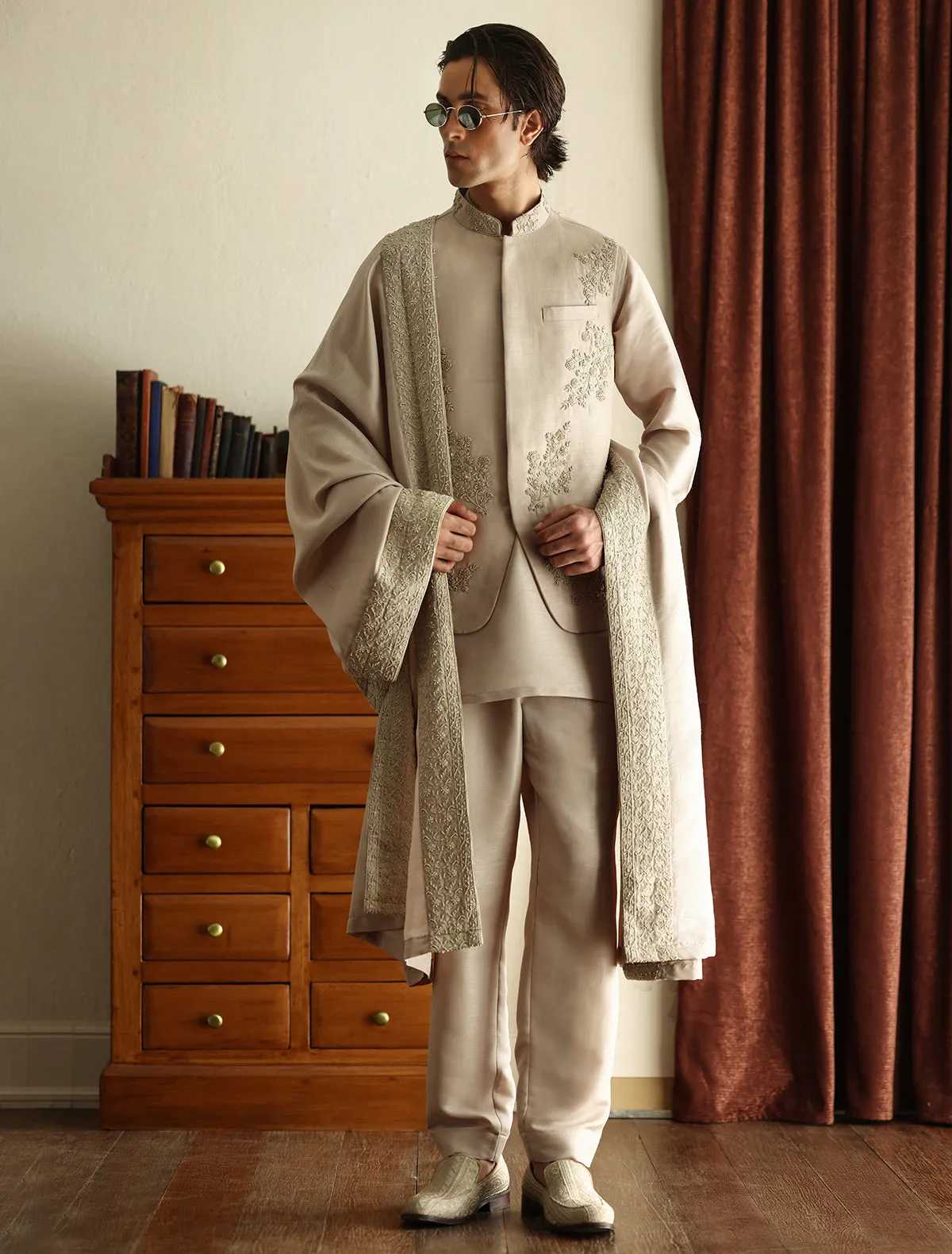 Light fawn intricately hand embroidered waistcoat