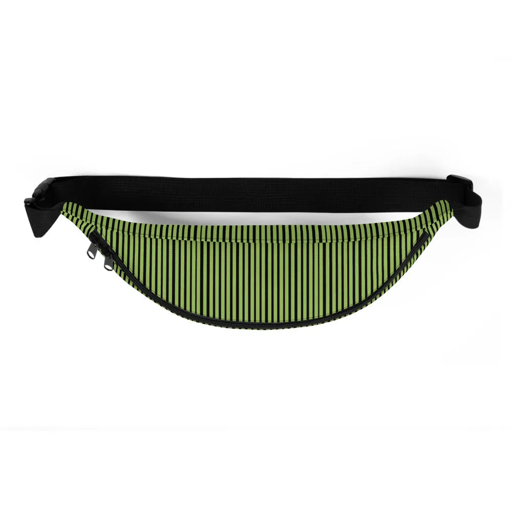 Light Green Fanny Pack, Black Stripe Print Designer Waist Belt Bag Fanny Pack Belt Bag- Made in USA