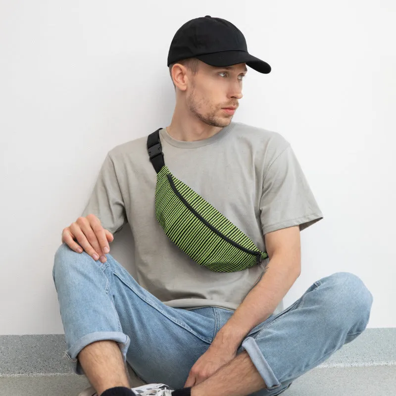 Light Green Fanny Pack, Black Stripe Print Designer Waist Belt Bag Fanny Pack Belt Bag- Made in USA
