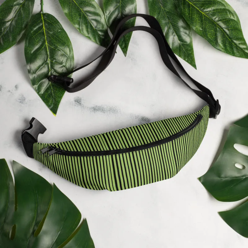 Light Green Fanny Pack, Black Stripe Print Designer Waist Belt Bag Fanny Pack Belt Bag- Made in USA