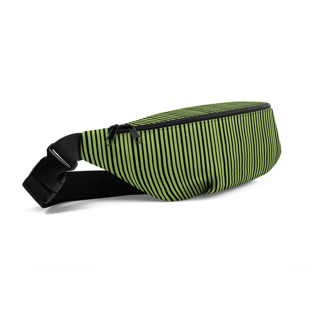 Light Green Fanny Pack, Black Stripe Print Designer Waist Belt Bag Fanny Pack Belt Bag- Made in USA
