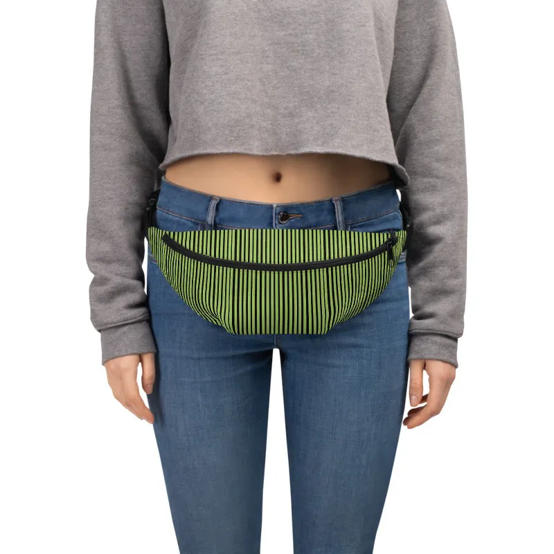 Light Green Fanny Pack, Black Stripe Print Designer Waist Belt Bag Fanny Pack Belt Bag- Made in USA