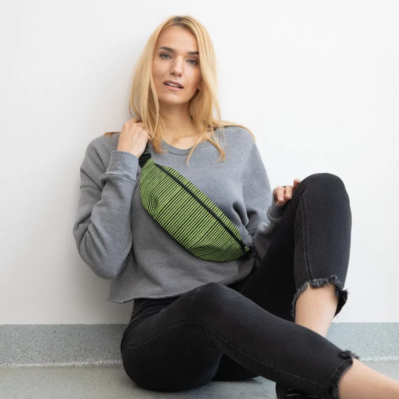 Light Green Fanny Pack, Black Stripe Print Designer Waist Belt Bag Fanny Pack Belt Bag- Made in USA