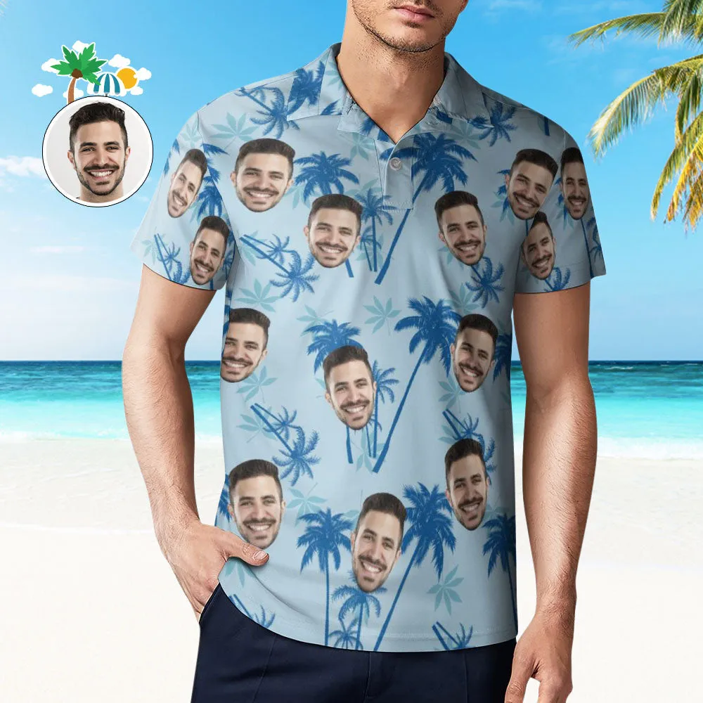 Men's Custom Face Polo Shirt Personalised Light Blue Hawaiian Golf Shirts